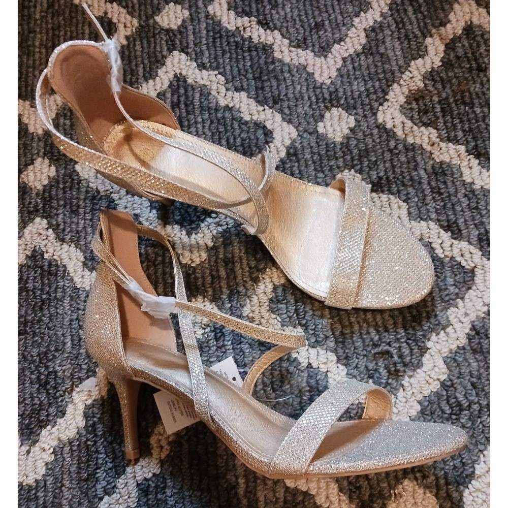 NEW Women's Gold Glitter Open‎ Toe Strappy Ankle Wrap Heels, Size 10